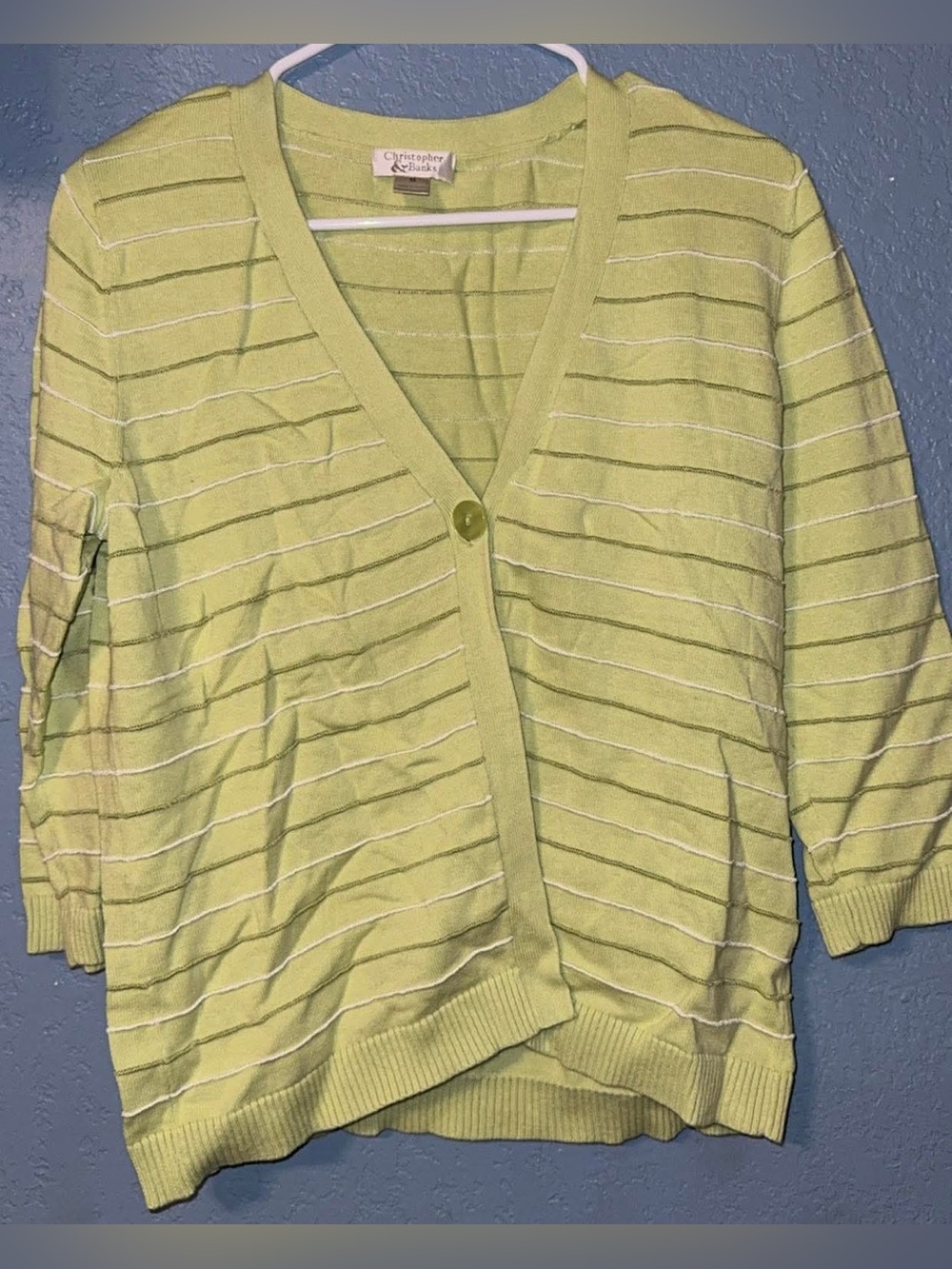 Christopher & Banks Lime Green and White Striped V-Neck Cardigan